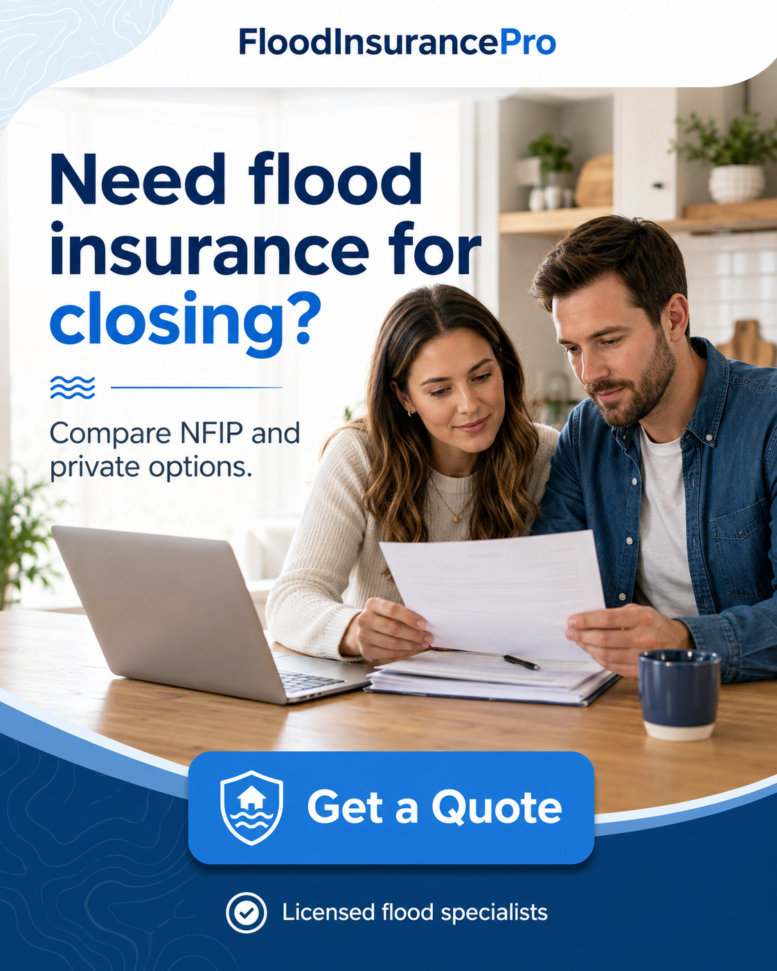Couple reviewing flood insurance documents for closing